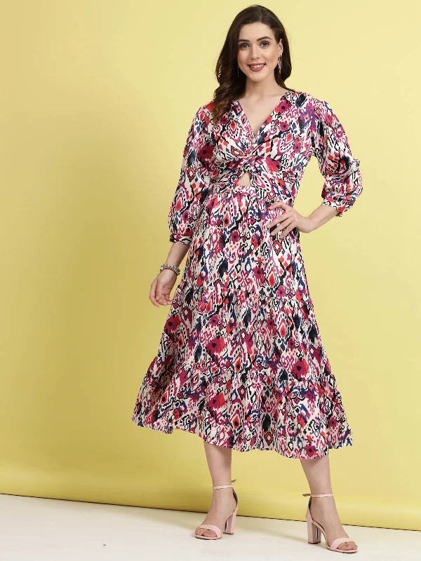 Classic pieces for a timeless wardrobe Geometric Printed V-Neck Puff Sleeve Cut-Outs Detail A-Line Dress Classic pieces for a timeless wardrobe Geometric Printed V-Neck Puff Sleeve Cut-Outs Detail A-Line Dress