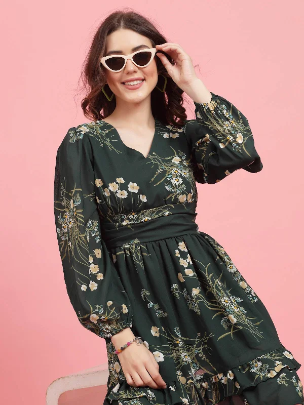 Effortlessly chic fashion for today’s woman Green Floral Printed Puff Sleeves Gathered A-Line Dress Effortlessly chic fashion for today’s woman Green Floral Printed Puff Sleeves Gathered A-Line Dress