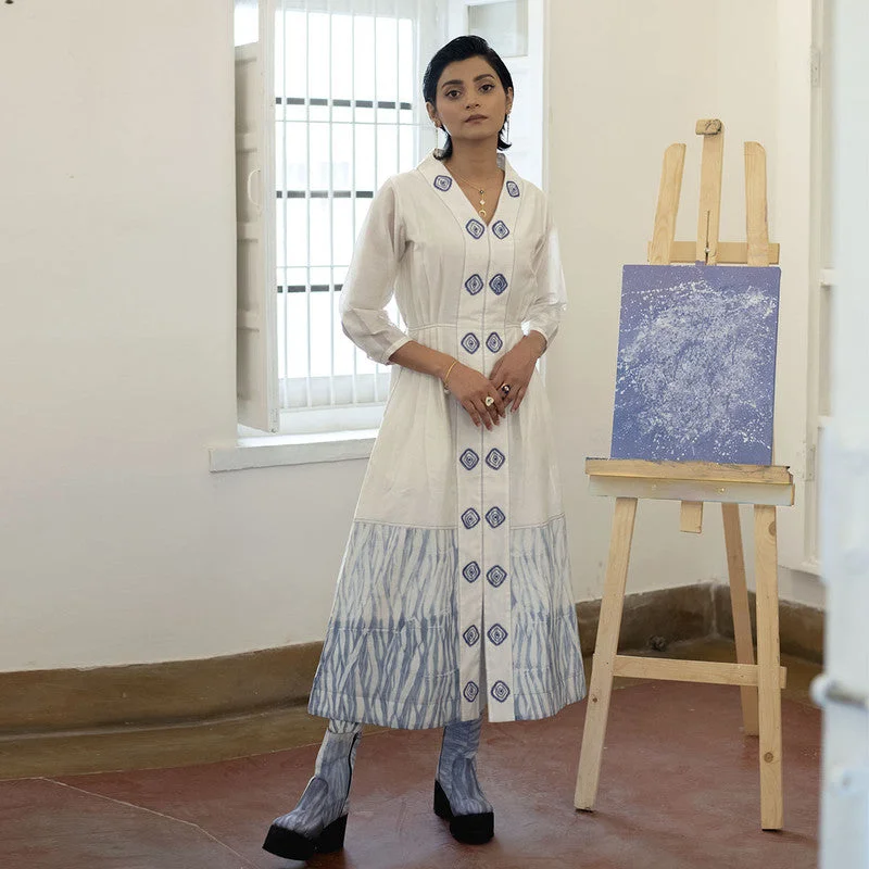 Curated collections of sophisticated women’s wear   Handwoven Chanderi Silk White & Blue A-Line Dress