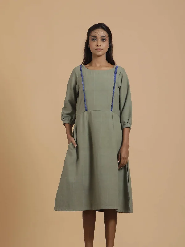 Feminine silhouettes for the modern woman Handwoven A-Line Dress with Gathered Sleeves | Olive Feminine silhouettes for the modern woman Handwoven A-Line Dress with Gathered Sleeves | Olive