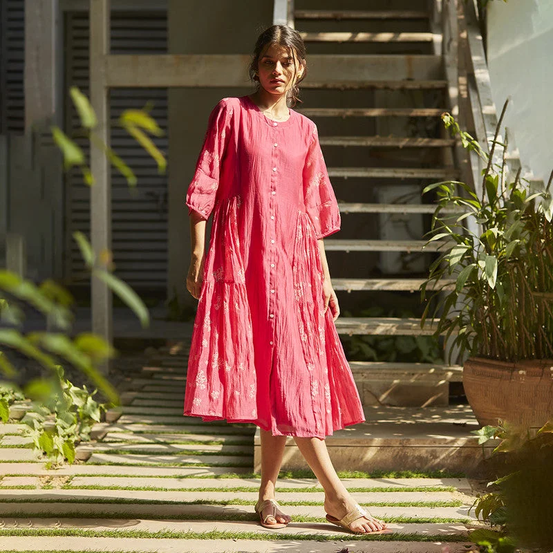 Statement pieces for the confident woman Chanderi A-Line Dress | Hand Block Print | Fuchsia Statement pieces for the confident woman Chanderi A-Line Dress | Hand Block Print | Fuchsia