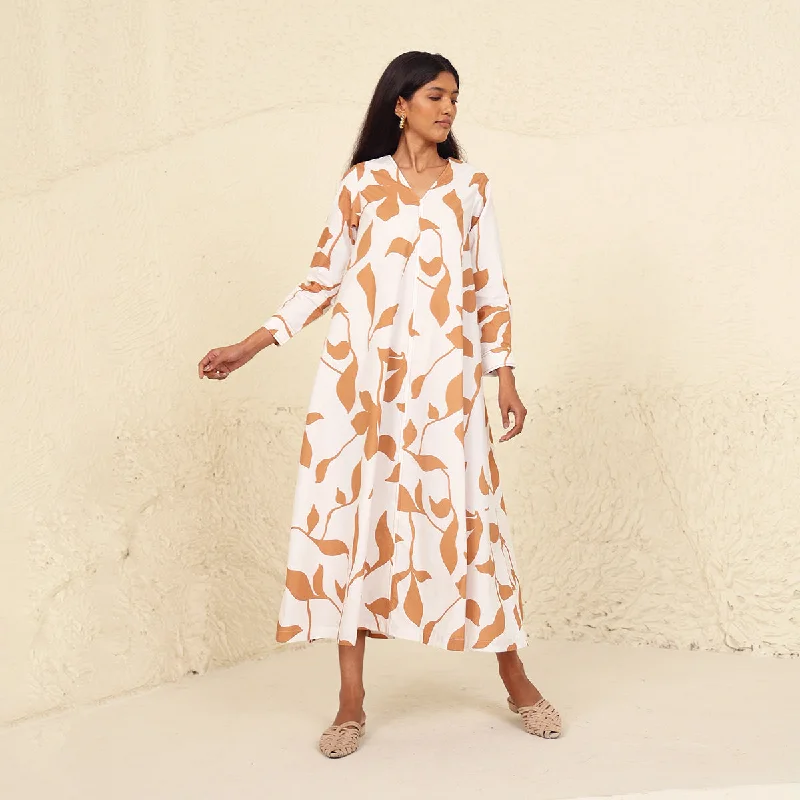 Comfortable yet fashionable women’s wear Cotton Poplin A-Line Dress for Women | Printed | V-Neck | White & Beige Comfortable yet fashionable women’s wear Cotton Poplin A-Line Dress for Women | Printed | V-Neck | White & Beige