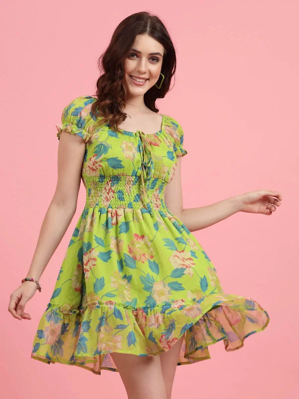 Trendy women’s clothing that suits every taste Lime Green Floral Printed Puff Sleeves Smocked A-Line Dress Trendy women’s clothing that suits every taste Lime Green Floral Printed Puff Sleeves Smocked A-Line Dress