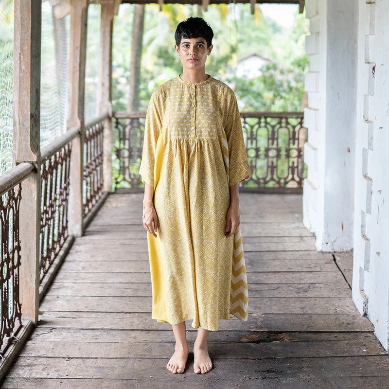 Feminine and fashionable clothing for every wardrobe Cotton Silk A-Line Dress | Handblock Print | Yellow Feminine and fashionable clothing for every wardrobe Cotton Silk A-Line Dress | Handblock Print | Yellow