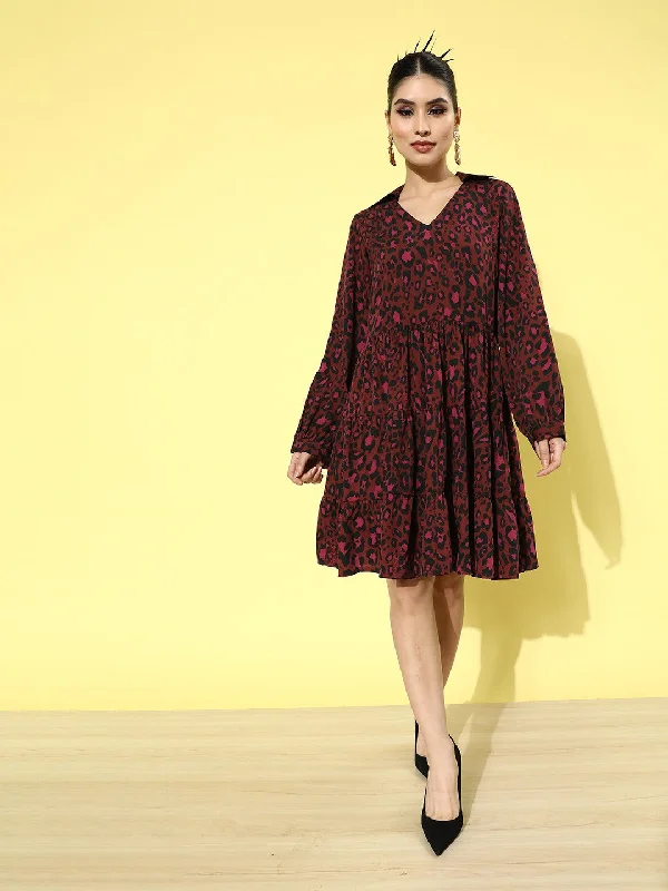 Dress up or down with these versatile pieces   Maroon Animal Print A-Line Dress