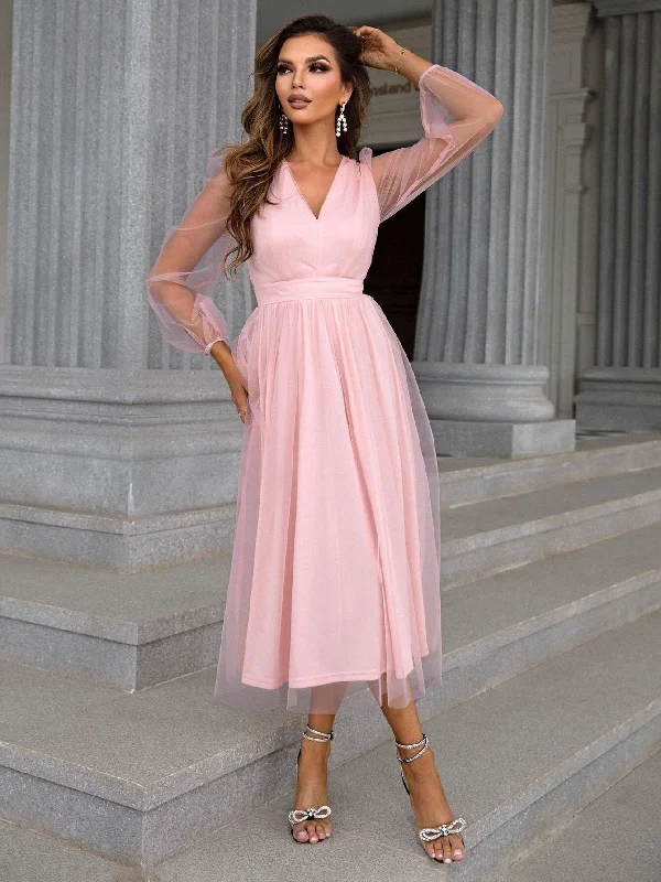 Elegant casual clothing for modern women   Mesh Puff Sleeve V-Neck A-Line Dress
