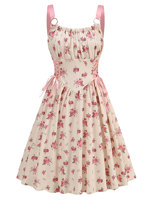 Chic for every occasion and style Pink 1950s Strap Ditsy Floral Lace-Up A-Line Dress Chic for every occasion and style Pink 1950s Strap Ditsy Floral Lace-Up A-Line Dress
