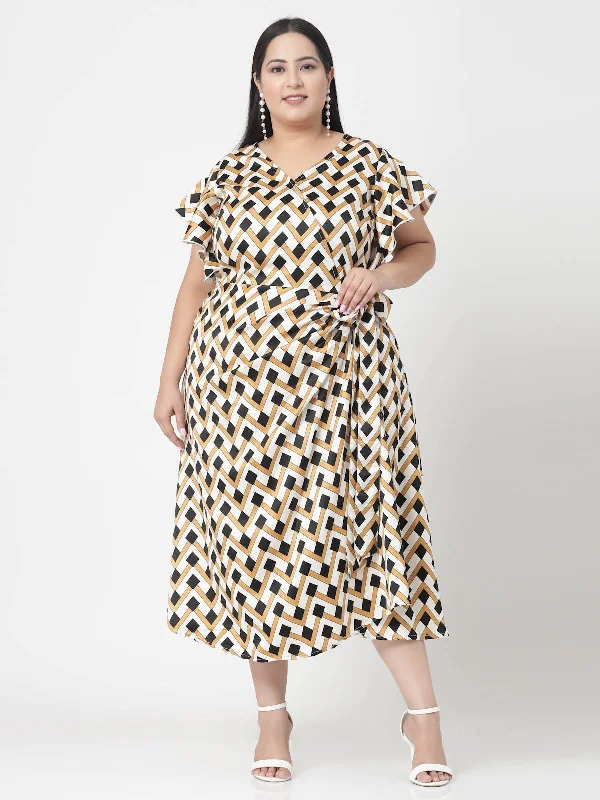 Stylish and comfortable outfits for women   Plus Size Beige & Black Geometric Printed V-Neck Flutter Sleeve A-Line Dress
