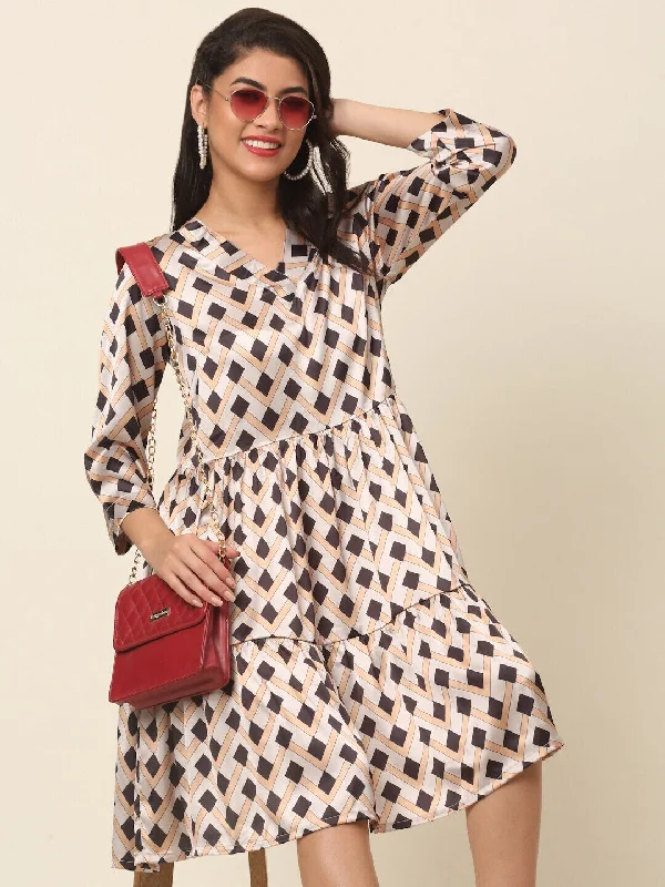 Soft, breathable fabrics for fashionable women   plusS Beige Print A-Line Dress