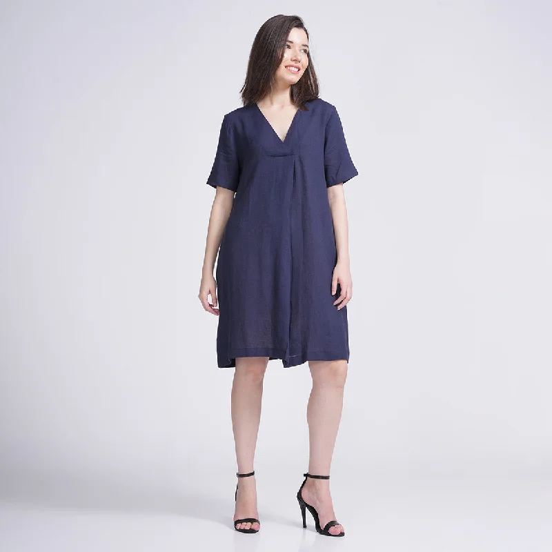 High-fashion styles at affordable prices Linen A-Line Dress for Women | Front Pleated | Navy Blue High-fashion styles at affordable prices Linen A-Line Dress for Women | Front Pleated | Navy Blue