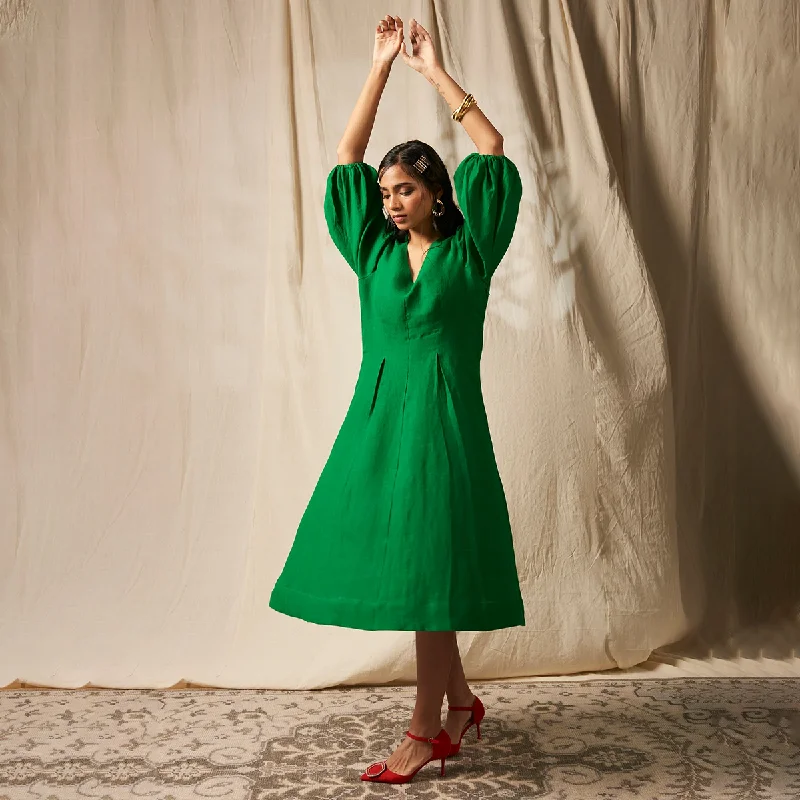 Classic pieces for a timeless wardrobe Linen A-Line Dress For Women | Puffed Sleeves | Green Classic pieces for a timeless wardrobe Linen A-Line Dress For Women | Puffed Sleeves | Green