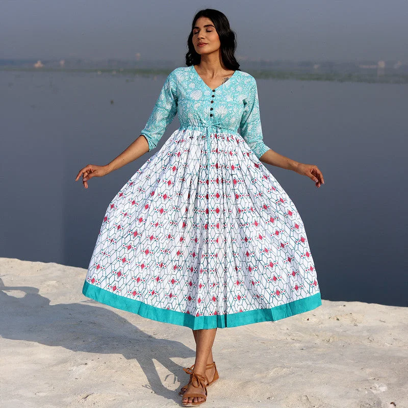Express your style with fashionable women’s clothing Cotton A-Line Dress for Women | Handblock Printed | Sky Blue & White Express your style with fashionable women’s clothing Cotton A-Line Dress for Women | Handblock Printed | Sky Blue & White