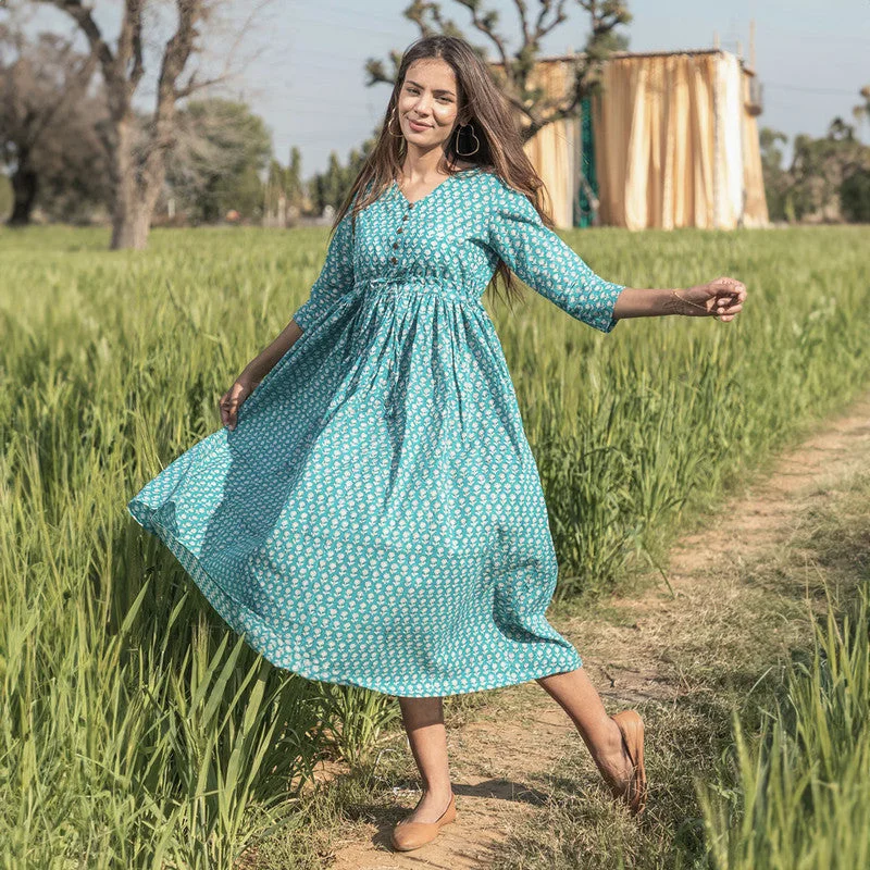 Affordable stylish women’s fashion collection Cotton A-Line Dress for Women | Handblock Printed | Teal Affordable stylish women’s fashion collection Cotton A-Line Dress for Women | Handblock Printed | Teal