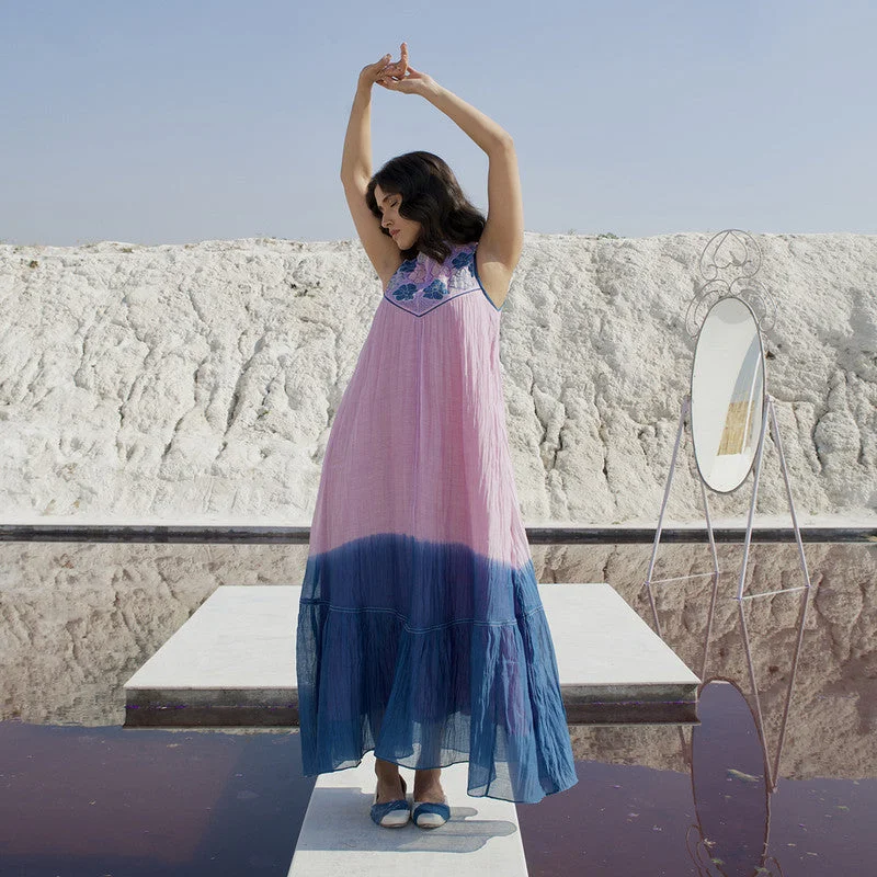 Elegant and comfortable women’s fashion wear Chanderi Silk A-Line Dress | Hand Embroidered | Blue & Lilac Elegant and comfortable women’s fashion wear Chanderi Silk A-Line Dress | Hand Embroidered | Blue & Lilac