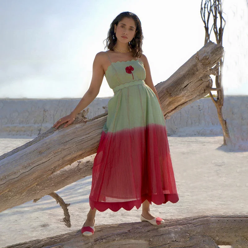 Chic for every occasion and style Chanderi Silk A-Line Dress | Hand Embroidered | Mint Green & Red Chic for every occasion and style Chanderi Silk A-Line Dress | Hand Embroidered | Mint Green & Red