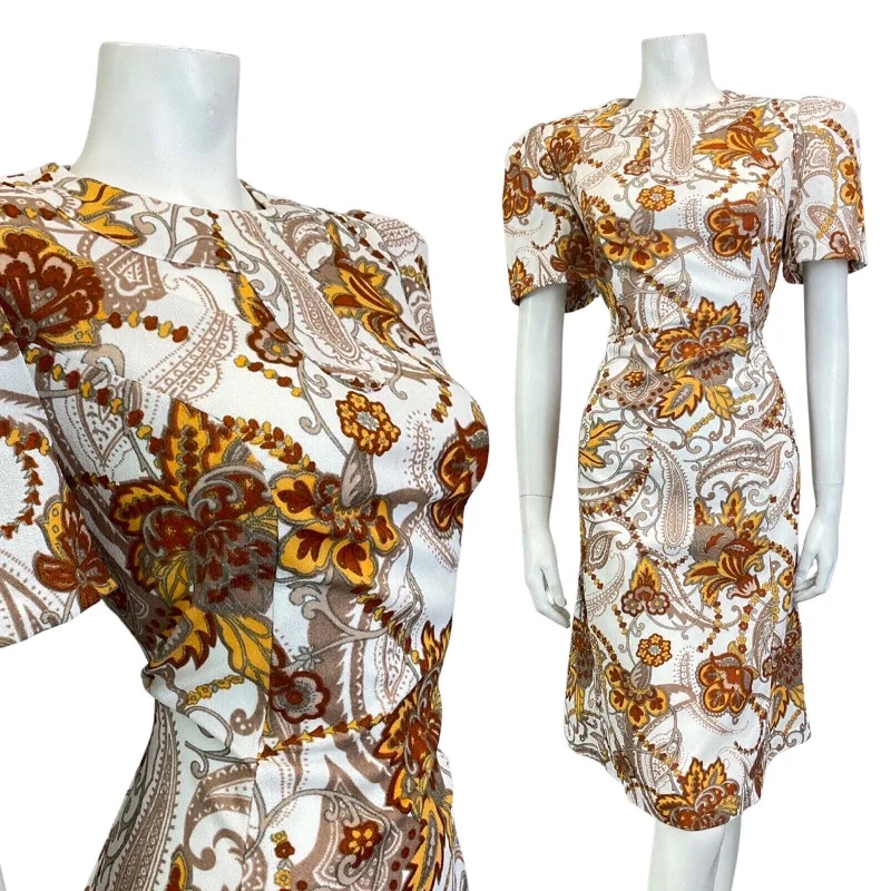 Versatile outfits to transition from day to night   VINTAGE 60s 70s BROWN WHITE YELLOW PSYCHEDELIC PAISLEY FLOWER A-LINE DRESS 14 16