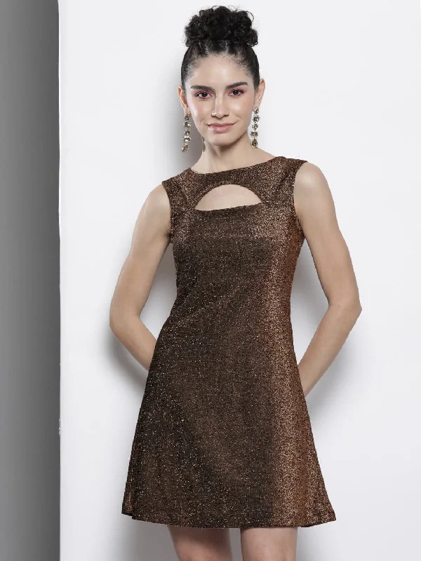 Refresh your closet with chic and comfy styles Women Gold Lurex Front Moon Cut A-Line Dress Refresh your closet with chic and comfy styles Women Gold Lurex Front Moon Cut A-Line Dress
