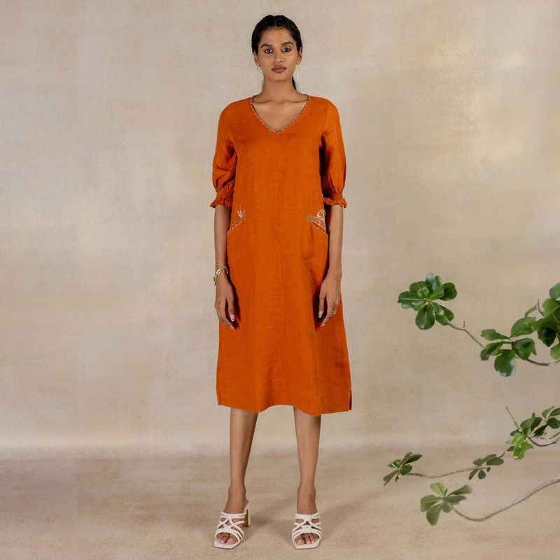 Elegant evening wear for special events   Linen A-Line Dress | Pockets | Tan Rust