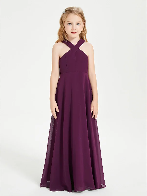 Junior Bridesmaid Dresses Grecian Neckline Floor Length Grape