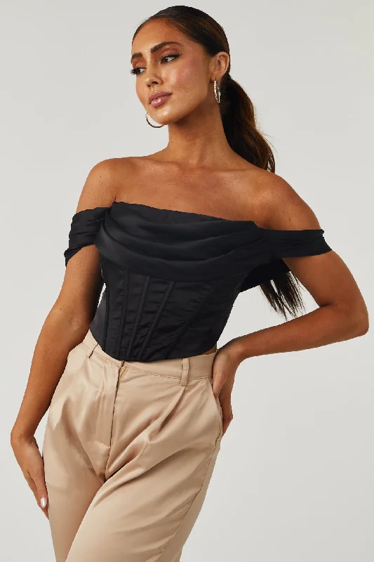 Affordable stylish women’s fashion collection   Black Ruched Off Shoulder Satin Corset Top