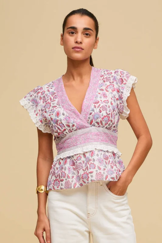 Feminine and fashionable clothing for every wardrobe   Pippa Block Print Top | Garden Jaal White/Pink